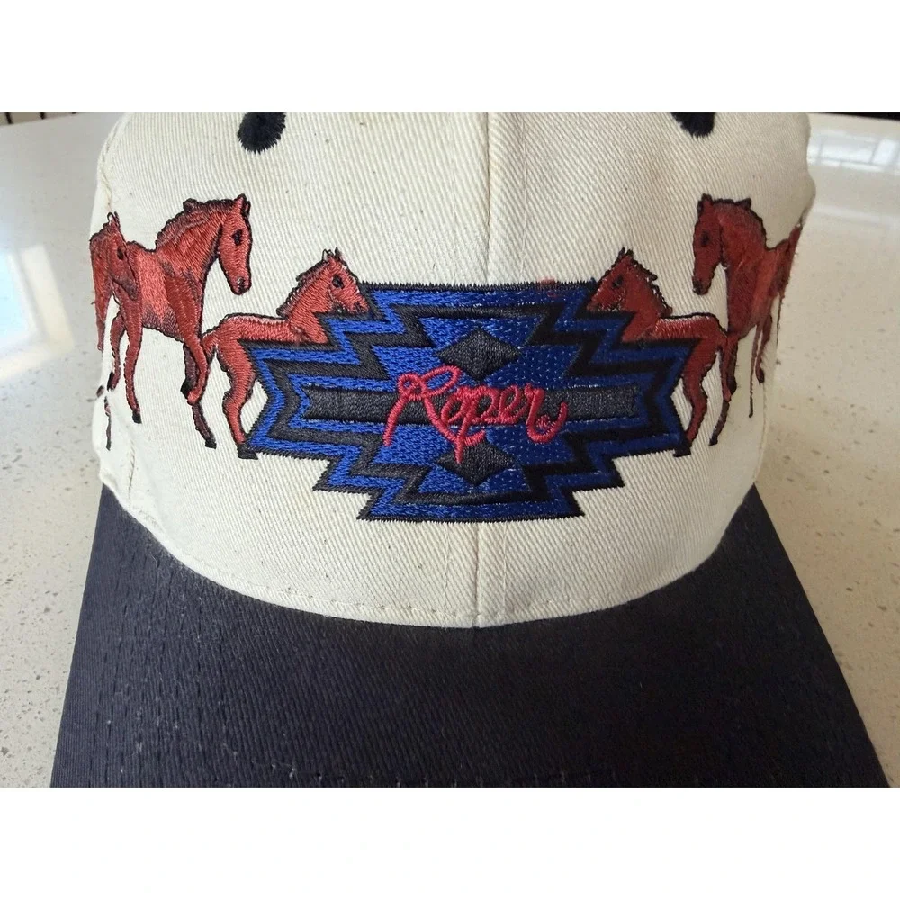 Vintage Roper Hat Cap Strap Back Horse Western Embroidered Beige Black Mens 90s - Picture 2 of 7